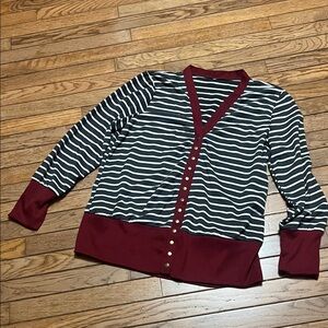Striped Cardigan with Burgundy Accents